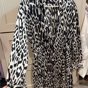 ZARA Black and White Animal-Print Blouse